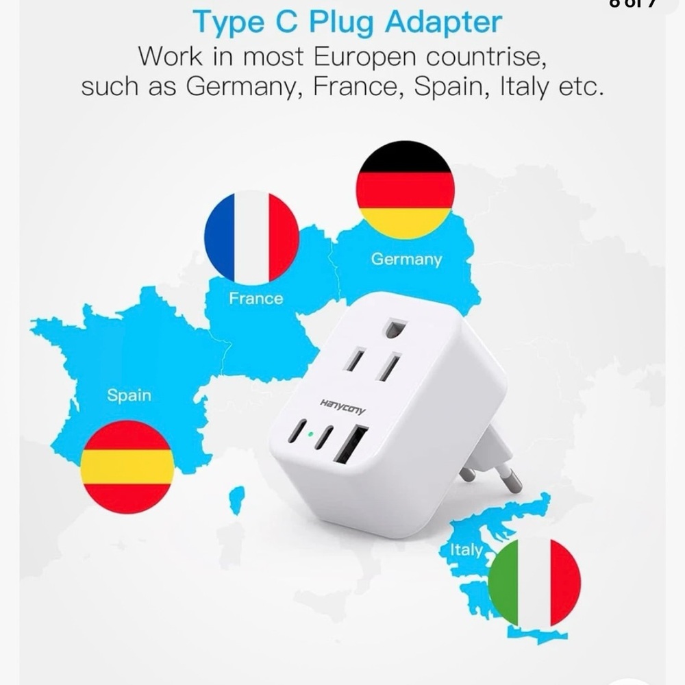 HANYCONY 2 Pack European travel plug adapterC 2 outlets 3 USB ports US to Europe - Picture 4 of 5